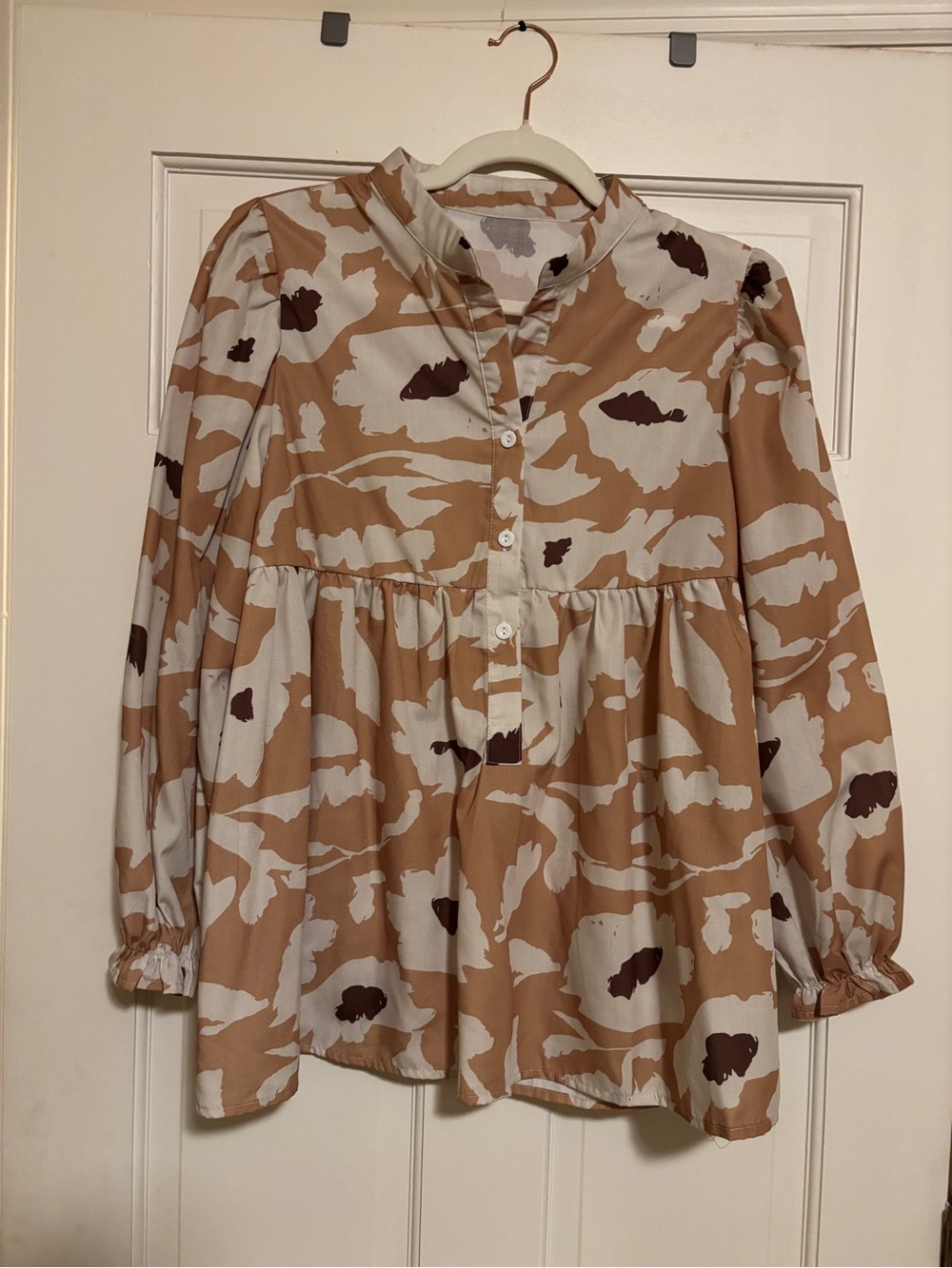 Neutral Camel & Cream Floral Print Button Front Blouse